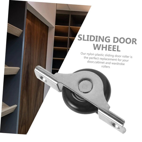 Close-up of a nylon and metal sliding door wheel, part of the 4 Pieces Sliding Door Wheel Pulley Track Roller Set For Wardrobe And Cabinet Doors Heavy Duty Steel And Nylon Hardware For Smooth Quiet Sliding High Wear Resistance Ideal Replacement For Closet Doors.