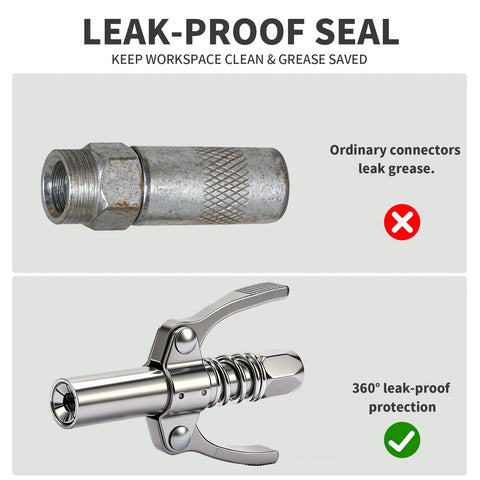 Grease gun coupler with 1/8" NPT dual-handle head; rusted connector leaks grease and a 360° leak-proof lever head.