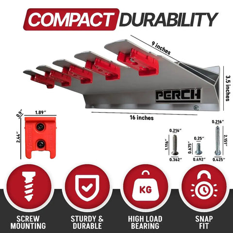 Universal M18 18V Tool Organizer Rack For Five Cordless Tools with dimensions and features, including screw mounting and durability.