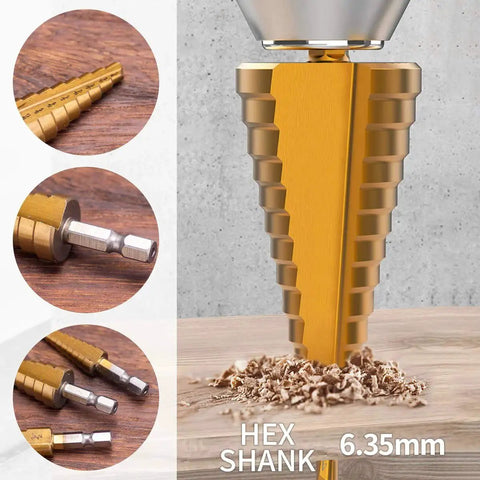 Step Drill Bit Set 3 Piece HSS Titanium Coated High Speed Steel With One Quarter Inch Hex Shank for metal and plastic drilling