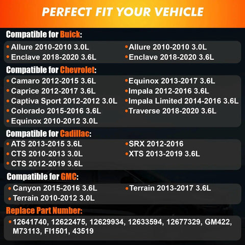 Compatibility chart for Chevy High Pressure Fuel Pump 3.0L 3.6L Fitment For Camaro Equinox Impala Traverse, featuring Buick, Cadillac models.