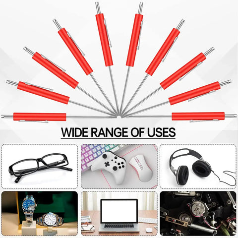 10 Pack Pocket Screwdrivers With Valve Core Removal Tools arranged in a circular pattern, showcasing dual-use design for mechanics and electricians.
