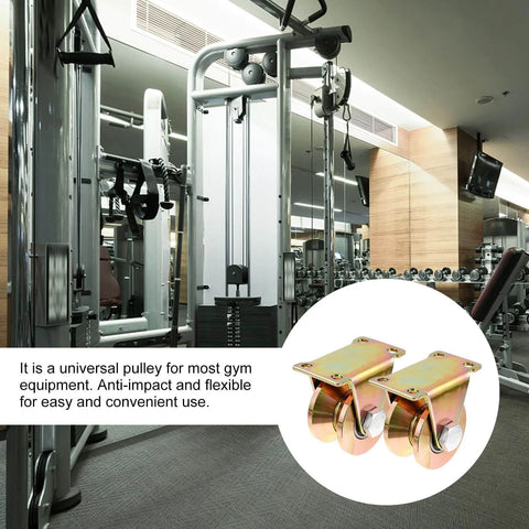 Heavy Duty Steel Groove Wheel Pulley Block For V Type Track Sliding Doors Quiet Silent Roller Wheel For Industrial Rail Gate Hardware Durable Replacement Parts Two Pack Ideal For Barn Garage Warehouse Doors displayed in a gym equipment setting.