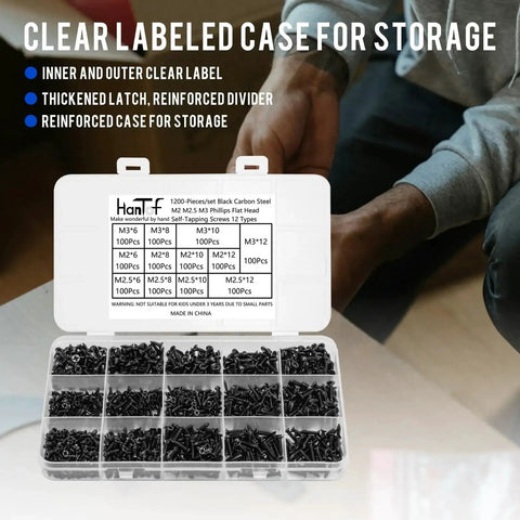 1200 Pcs Black Self Tapping Screws Set for Wood Plastic and Soft Metal organized in labeled storage box