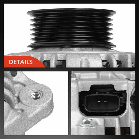 Close-up of Plug And Play 12V 110A Alternator For Nissan Murano 2003 2007 And Maxima 1995 1997 1998 2000 2002 2003 Plus Infiniti I30 1998 2000 And I35 2002 2004 Replaces LR11107 23100-0L701 231000L701 231005Y700 detailing pulley and connectors