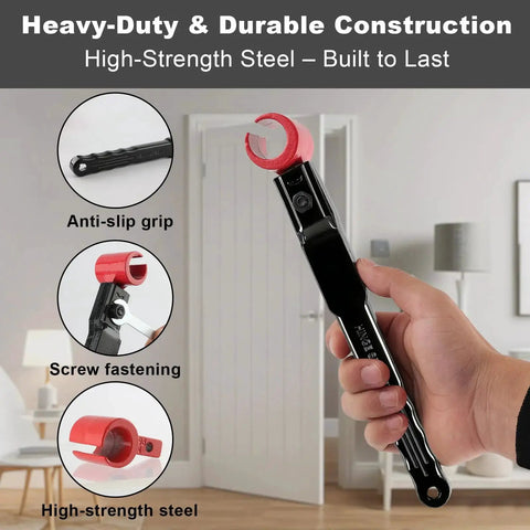 Hand holding Six In One Door Hinge Adjustment Tool with anti-slip grip and high-strength steel for hinges 0.39-0.98 inches.