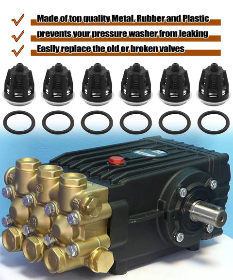 Six-piece pressure washer check valve kit with brass valves and black O-rings for Mi-T-M pump