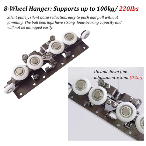 Close-up of an 8-wheel hanger for Hidden Soft Close Sliding Door Hardware Kit, supports up to 100kg, durable rollers.