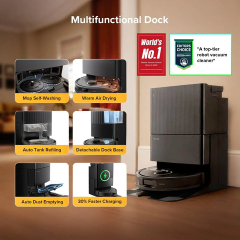 roborock Qrevo S5V robot vacuum and mop with self-emptying dock on wood floor, black finish