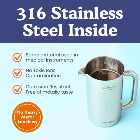 Non-Toxic French Press Coffee Maker With Surgical Grade 316 Stainless Steel Plastic Free And Heavy Metal Free showing interior features