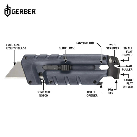 Side view of Prybrid 8 In 1 Multi Tool Knife with Wire Stripper, showing labeled features and pocket clip.