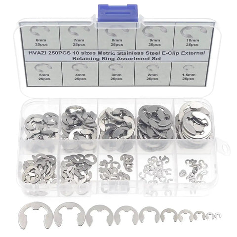 Open box of 250 Piece Stainless Steel E Clip External Retaining Ring Assortment Kit Ten Metric Sizes From 1.5mm To 10mm With 25 Pieces Each Size