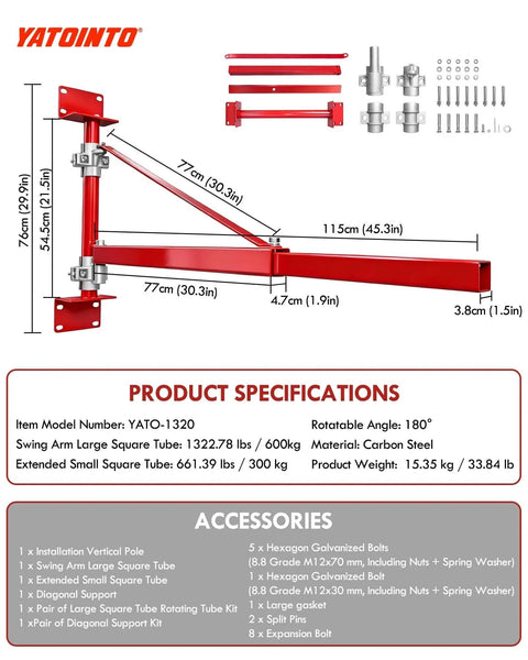 Wall Mount Jib Crane With 1320 Lbs Max Load 180 Degree Swivel Swing Arm Heavy Duty Electric Hoist Support For Workshop with dimensions