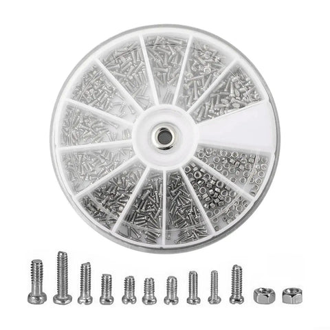 All In One Stainless Steel Screw And Nut Kit With 600 Pieces For Watch Repair Eyeglasses And Electronics M1 M1.2 M1.4 And M1.6 Fasteners Handy For DIYers And Pros In A Plastic Storage Box displayed in a round container with screws and nuts