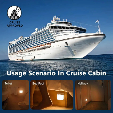 Cruise ship view with toilet, bed foot, and hallway scenarios using 2 Pack Magnetic Motion Sensor Night Light USB Rechargeable LED For Cruise Cabins And Travel Fits Bathroom Hallway Cabin Toilet Bed Stair Cruise Ship Approved Portable Indoor Lighting Kit 2026
