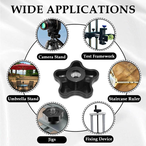 Four Pack 5/16-18 Female Thread Polypropylene Clamping Knobs for Jigs, application examples including camera and test stands