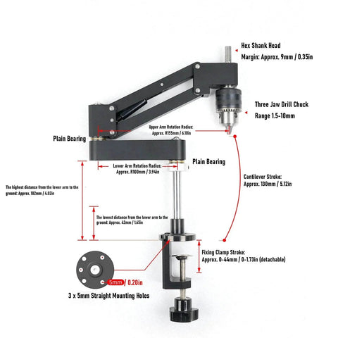 Diagram of Aluminum CNC Tapping Cantilever Bracket with 130mm stroke, clamping range 0-44mm, and components labeled for vertical or horizontal mount.