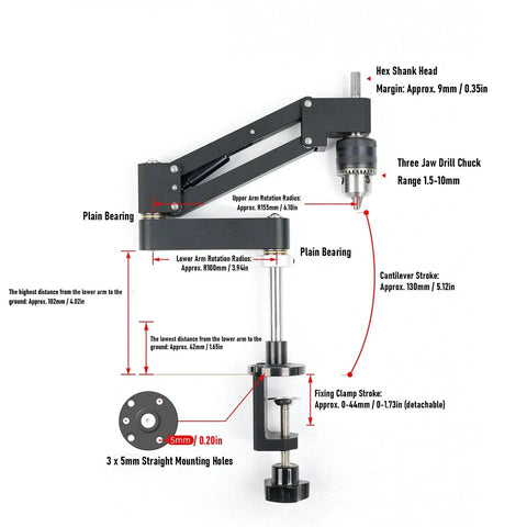 Diagram of Tapping Cantilever Bracket With CNC Aluminum Alloy Robotic Arm 130mm Stroke Adjustable Support Rod And Detachable Clamp