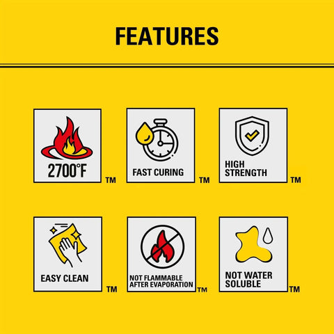 Product features of Beefed Up Heat Tolerance Silicone Sealant: 2700°F resistance, fast curing, high strength, easy clean, non-flammable, not water soluble.