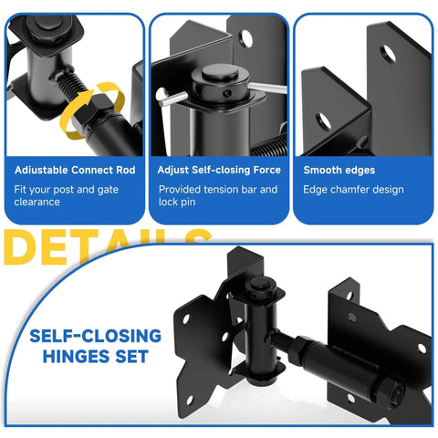 Pro Grade Self Closing Gate Hardware Kit With Heavy Duty Hinges And Latch For Wooden Vinyl PVC Fence Gates shown in detail