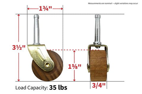 Brown Wood Wheel Stem Casters Set Of Two With Friction Mount For Lightweight Furniture, Wheel Diameter One And Five Eighths Inch