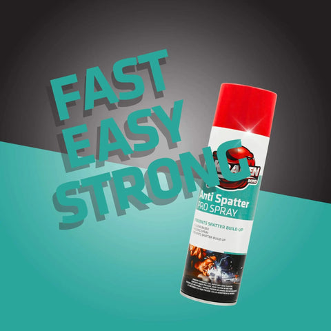 Anti Spatter Welding Spray 2 Pack, 12 Oz Each, Non Flammable, MIG And TIG Safe, front view with bold text 'Fast, Easy, Strong'