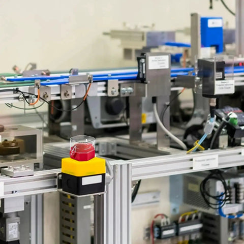 Industrial setup featuring 8 Pack Emergency Stop Button Kit With See Through Switch Covers on machinery, emphasizing safety and control.