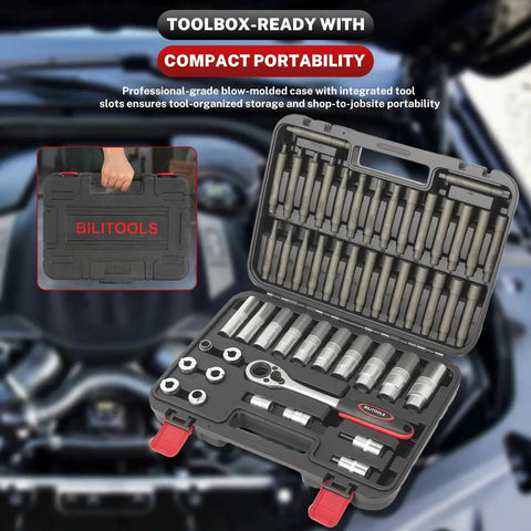 BILITOOLS 50‑pc shock absorber strut nut socket set in a hard case with ratchet adapters