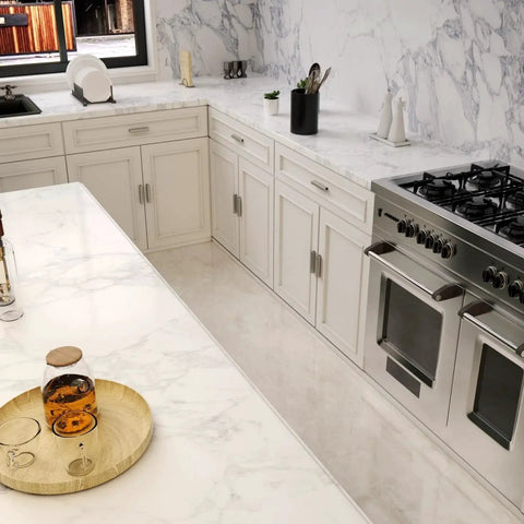 Modern kitchen with marble countertops and 10 pack adjustable cabinet handles in brushed nickel square satin finish drawer pulls.