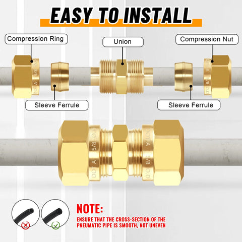 Brass compression air fittings kit, 53 pcs, for 1/4–5/8 in nylon tubing; includes straight union, nuts, ferrules.