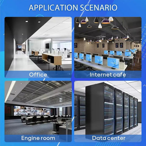 Application scenarios for 1U Rack Cable Manager Kit 24 Slot Metal Finger Duct With Cover, including office, internet cafe, engine room, and data center