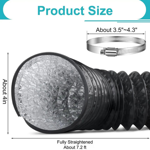 4 Inch By 7.2 Ft Dryer Vent Hose Flexible Aluminum Duct With PVC Aluminum Foil Multi Layer Air Ducting and clamp