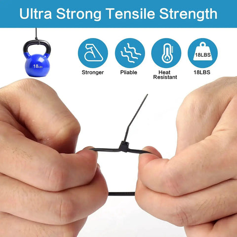 Heavy Duty Nylon Zip Ties 6 Inch Self Locking 1000 Count Black For Indoor Outdoor Wiring And Organization 18 Lbs Tensile Strength Temperature Resistant Minus Forty To One Hundred Eighty Five Fahrenheit being pulled with 18 lbs weight symbol.