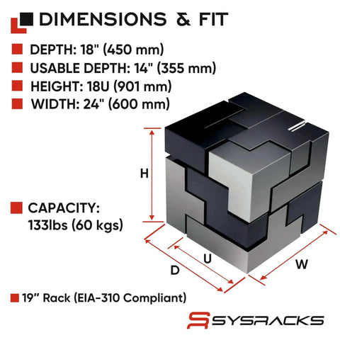 Diagram showing dimensions and capacity of Wall Mount 18U Server Rack Cabinet With 19 Inch Network Enclosure 18 Inch Deep Data Rack.