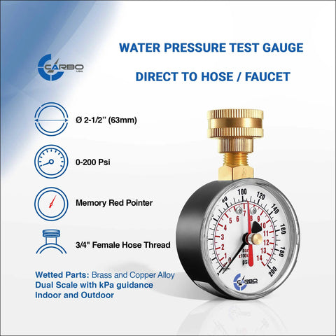 CARBO water pressure test gauge, 2-1/2 in diameter, 0-200 psi, red max pointer, 3/4 in female hose thread, brass connector