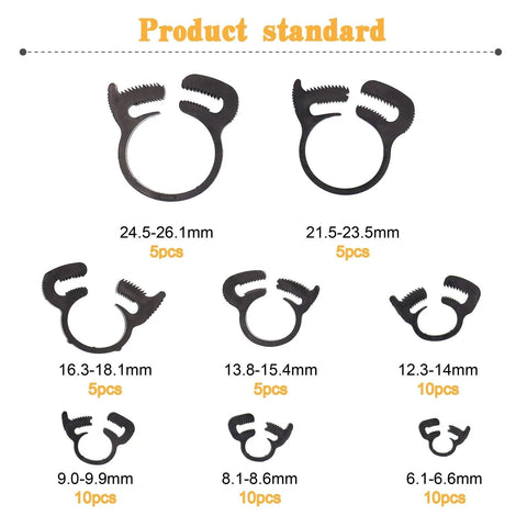 56-Pcs Heavy Duty Nylon Hose Clamps Assortment With Double Snap Grip showing various sizes and counts from 6.1-26.1mm