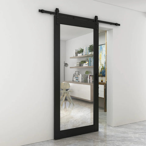 Dope Mirrored Glass Sliding Barn Door In Black MDF With Hardware Kit And Door Handle Ready To Hang Pre Finished 36 In By 84 In Interior Door With Full Size Mirror Panel For Closets Bathrooms Pantries Laundry Rooms And Bedrooms
