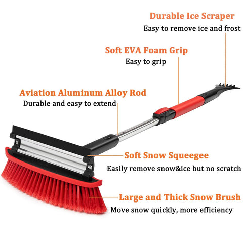 Heavy Duty Car Snow Brush Ice Scraper With Squeegee And Extendable 40 Inch Handle CGACOL For Fast Snow Removal On Windshield Hood Roof And Windows Red, showing durable ice scraper and foam grip.