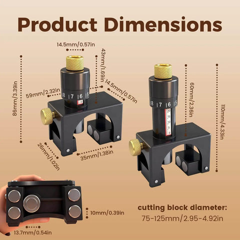 Two Piece Magnetic Planer Blade Setting Jig Gauge Set For Woodworking Tools, shown with measurements and components in detail.