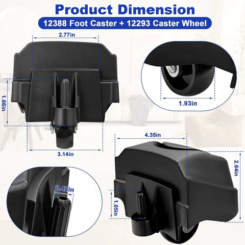 Product dimensions for 2 Pack 12388 Foot Caster and 12293 Caster Wheel Kit for Ridgid vacuums, showing measurements and design details.