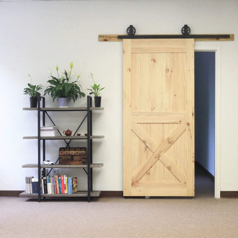 Black Rustic Non-Bypass Sliding Barn Door Hardware Kit For Two Doors With 16Ft Long Flat Track, wooden door installed indoors