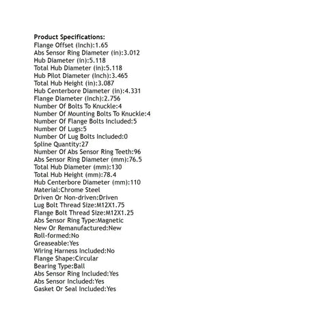 Front Hub Bearing Assembly specifications list for 2014-2023 Jeep Cherokee 5-Lug With ABS Sensor Bolt-On Direct Fit 27-Spline Ball Bearing