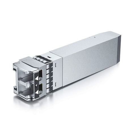 Side-angle view of H!Fiber 10G multimode SFP+ LC fiber transceiver module in silver metal housing, 2-pack