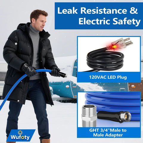 Wufoty 15ft heated RV water hose, 1/2in ID, blue, with 120V LED plug and 3/4in GHT adapter in snowy scene