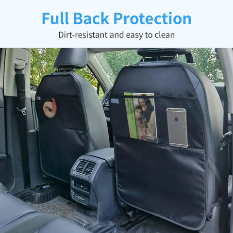 Durable Large Car Seat Protector Kick Mats 2 Pack with dual mesh pockets, installed on back seats of a vehicle in black.