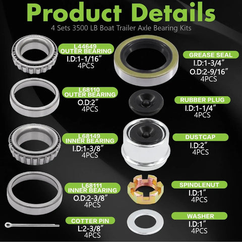 Complete Trailer Bearing Kit For 3500 Lbs Axles With Spindle 84 EZ Lube Four Sets Hub Kit with bearings, seals, nuts, covers