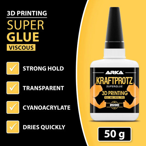 50g bottle of Kraftprotz 3D printing super glue for strong PLA, ABS, PETG, TPU bonds with features listed: strong hold, transparent, quick drying.