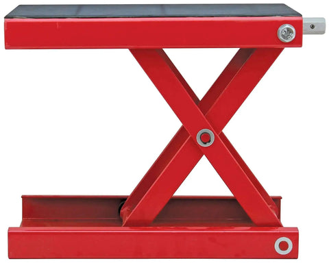 Side view of Beefy Wide Motorcycle Scissors Jack with 14 Inch Lift, 1000 Lb Capacity, hand operated, heavy duty steel frame, rubber pad