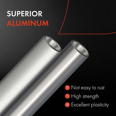 Two silver aluminum tubes angled side by side, automotive use, highlighting corrosion resistance and high strength.