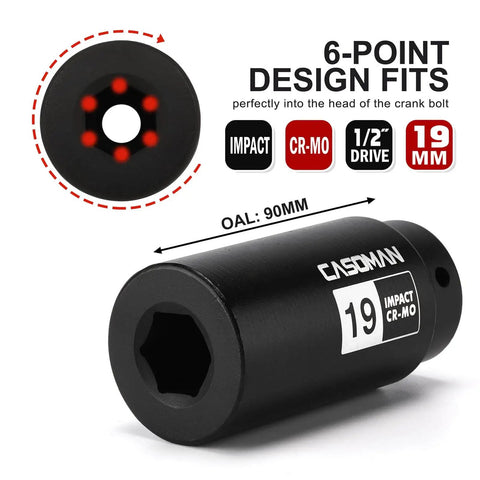 1/2 Inch Drive 19mm Crank Bolt Socket For Honda Harmonic Balancer, CR-MO impact socket with 6-point design and CR-MO label